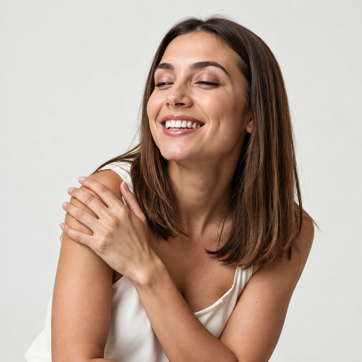 Mujer sonriendo, imagen ilustrativa del tratamiento con toxina botulínica